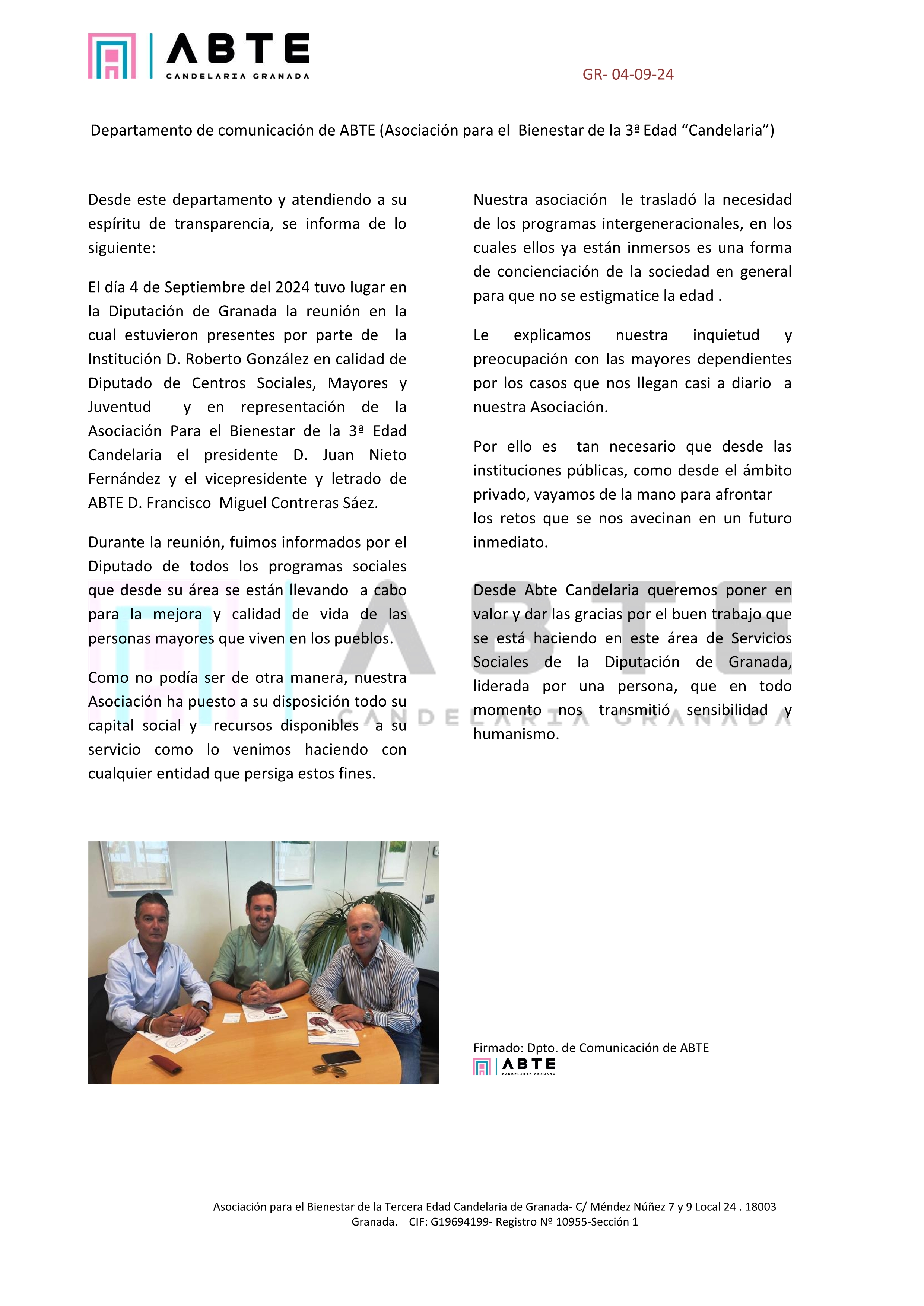 Presentación Oficial de ABTE a la Diputación de Granada. foto de la presentación oficial de abte al ayuntamiento de Granada